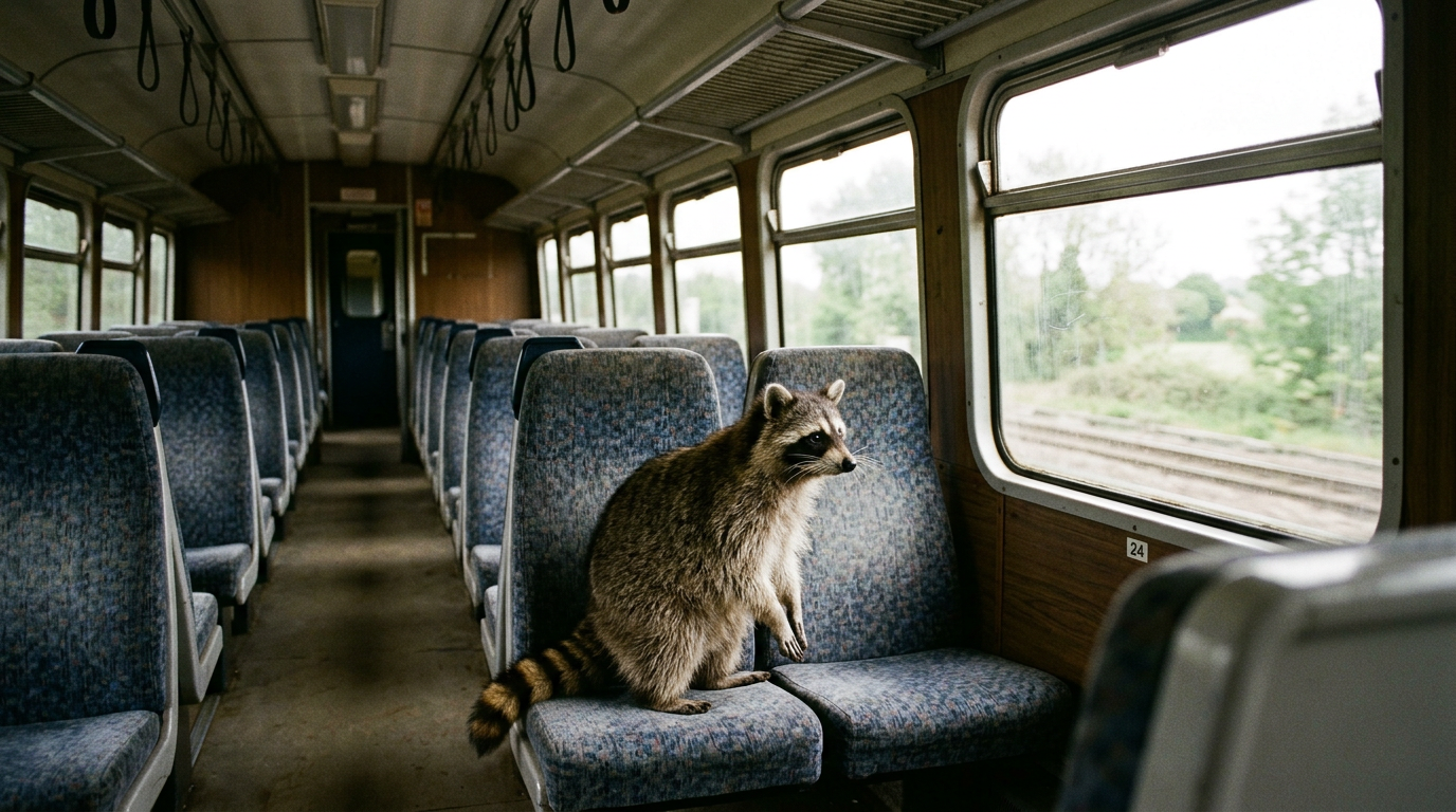 Deutschlandticket Satire: Waschbär sitzt allein in einem leeren Regionalzugabteil