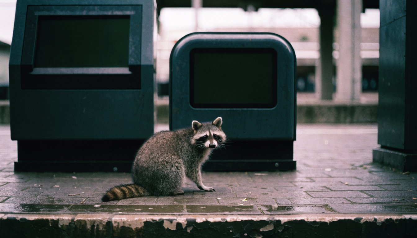 Gemeinsames Ticket Satire: Waschbär sitzt auf dem Bahnsteig zwischen zwei unterschiedlichen Fahrkartenautomaten