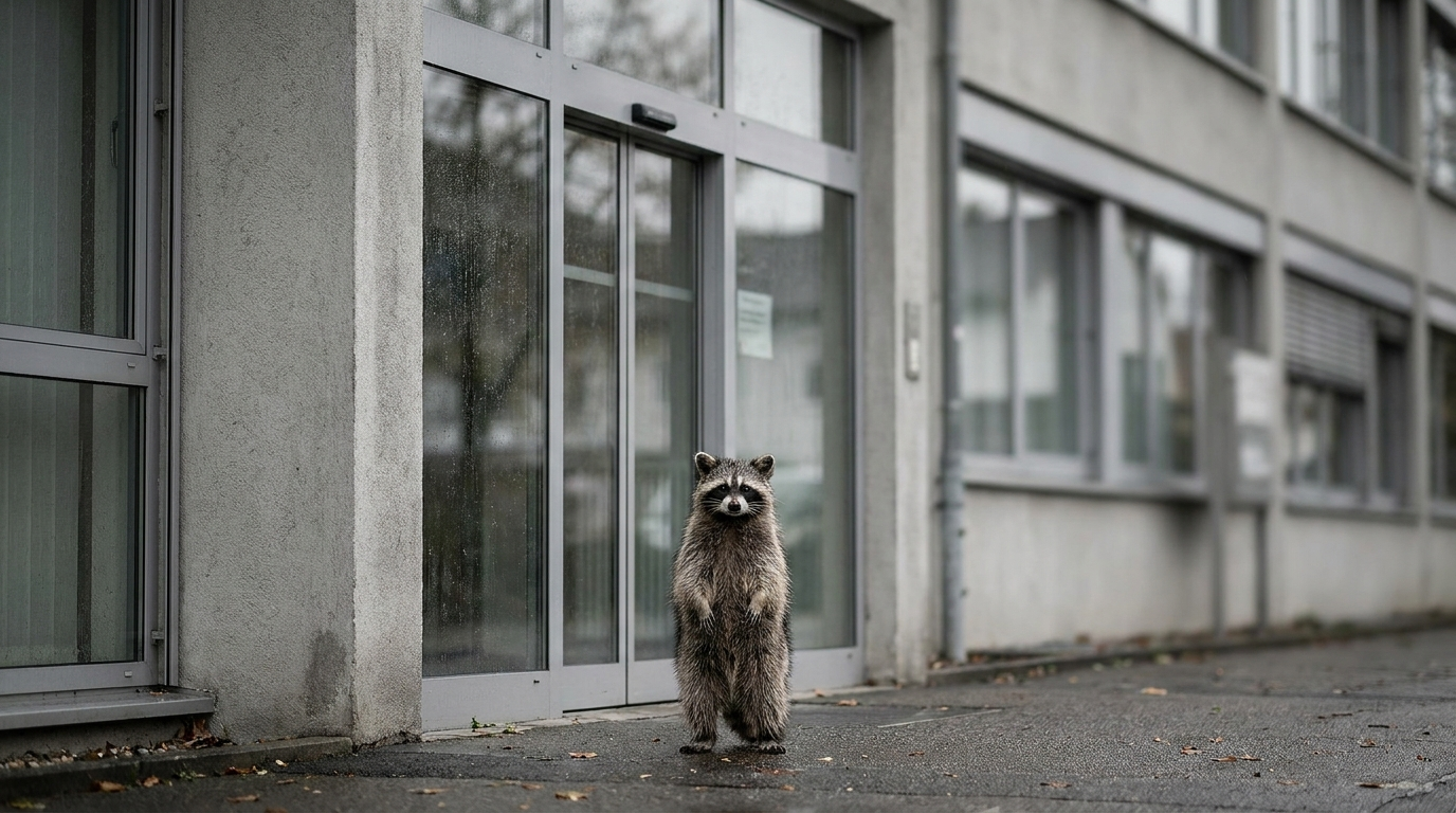 Genehmigung Satire: Waschbär steht vor einem Amtsgebäude mit geschlossener Glastür