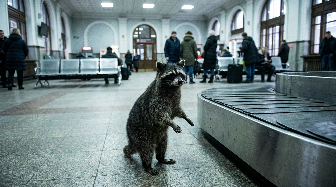 Gepäckband Satire: Waschbär steht mit leeren Pfoten neben einem Gepäckförderband in einer Bahnhofshalle