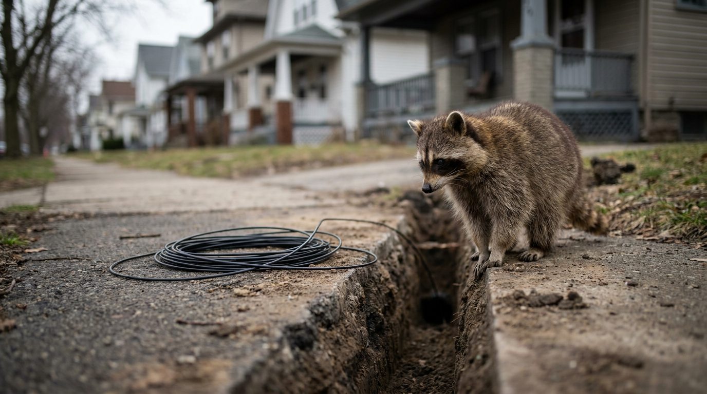 Glasfaser Satire: Waschbär steht vor einem aufgegrabenen Gehweg mit Kabelschacht