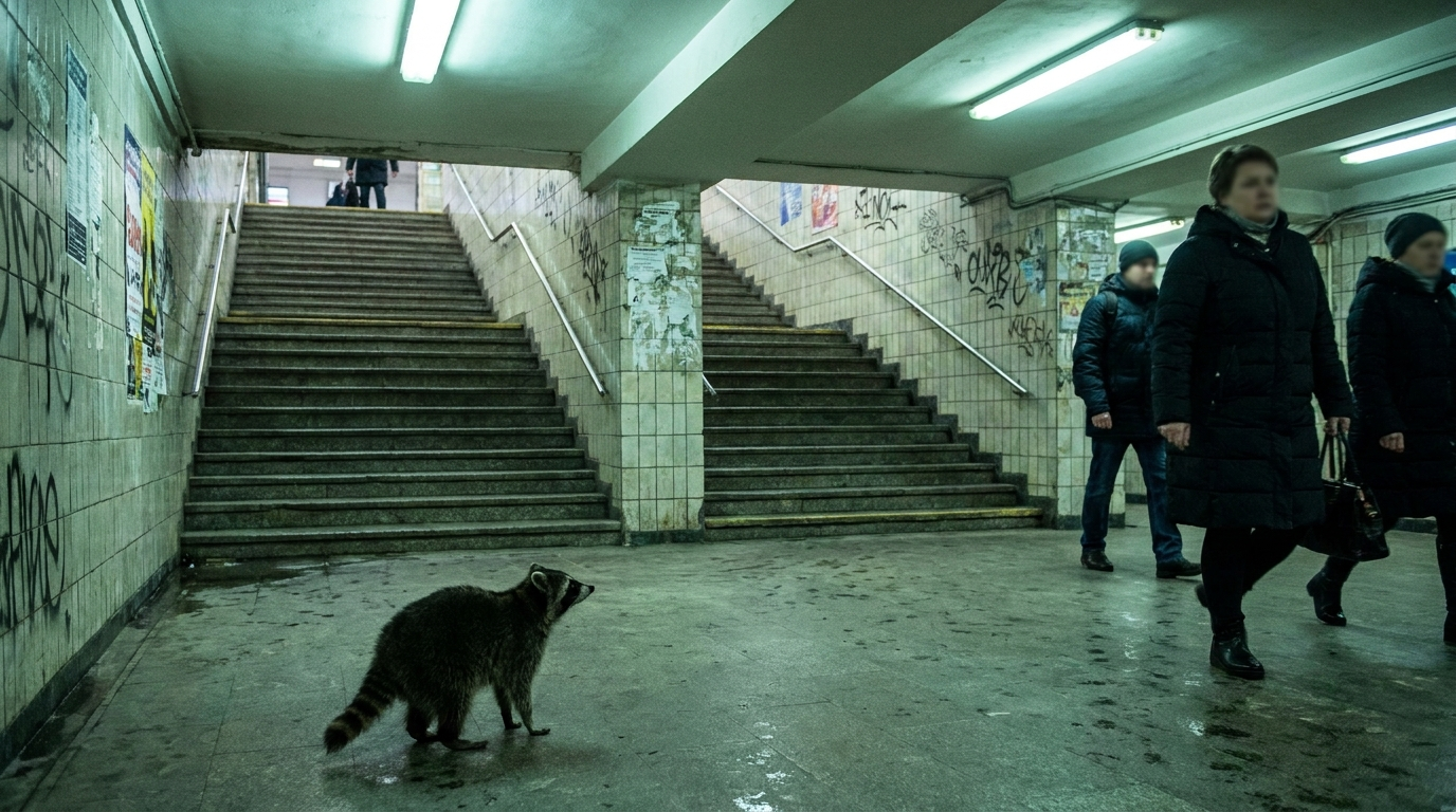 Gleis 0 Satire: Waschbär steht suchend in einer weitläufigen Bahnhofsunterführung mit vielen Abgängen