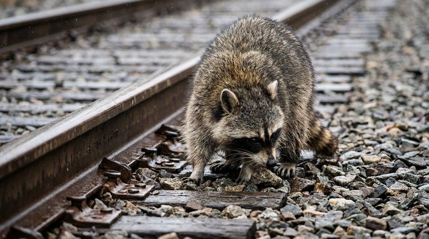 Gleisschotter Satire: Waschbär steht mit gesenktem Kopf auf einem Schotterbett neben einem Gleis