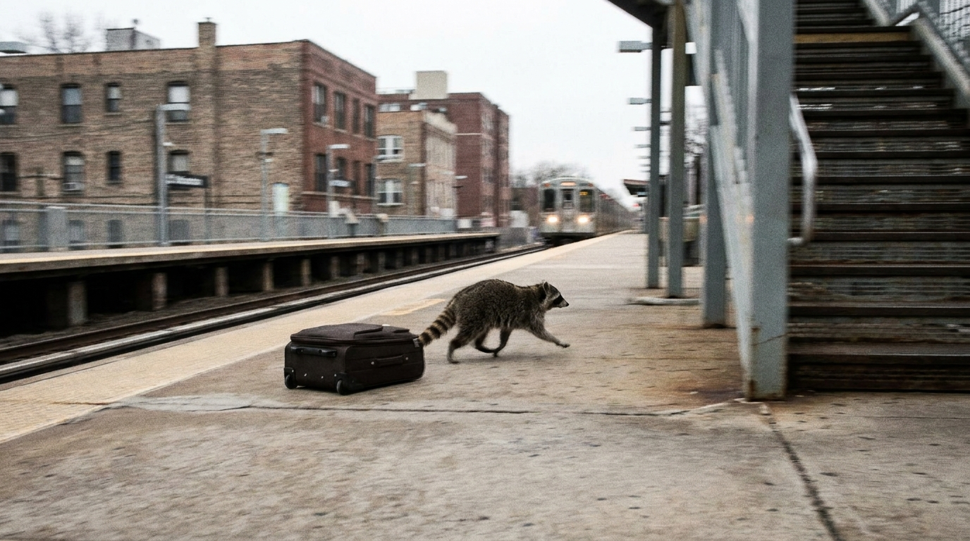 Gleiswechsel Sport Satire: Waschbär rennt mit einem Koffer über einen Bahnsteig auf eine Treppe zu