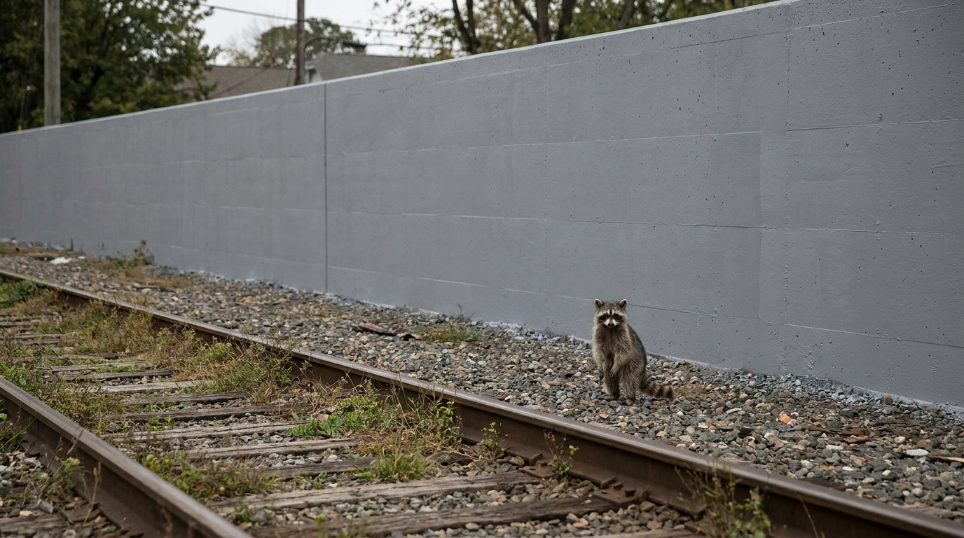 Graffiti Satire: Waschbär steht vor einer frisch grau gestrichenen Betonwand neben Gleisen
