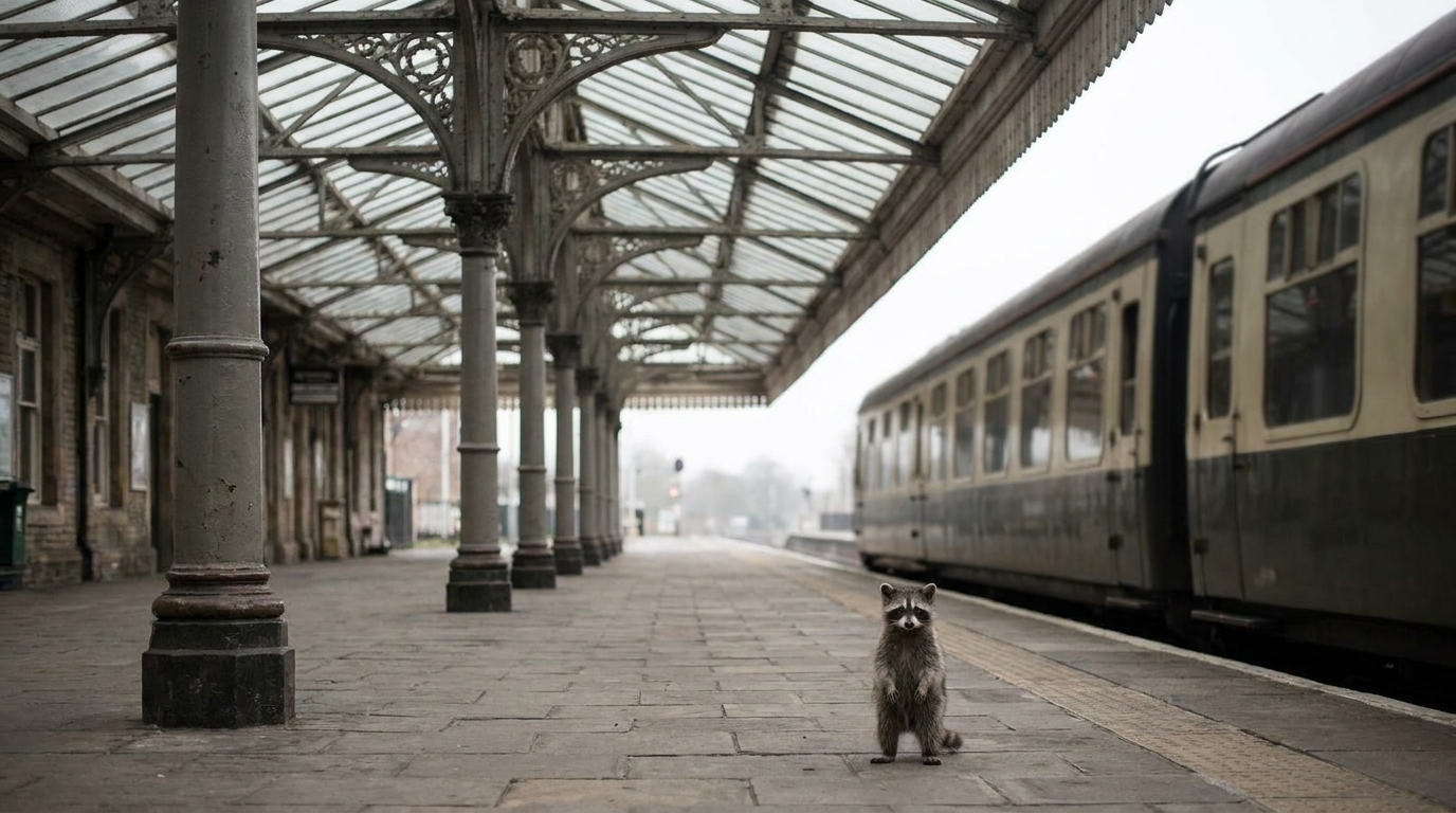 Großbritannien Satire: Waschbär steht auf einem britischen Bahnsteig unter einer Bahnhofshalle