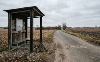 Waschbär sitzt an einer einsamen Bushaltestelle an einer leeren Landstraße