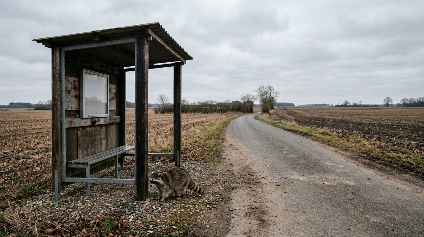 Grundsicherung Satire: Waschbär sitzt an einer einsamen Bushaltestelle an einer leeren Landstraße