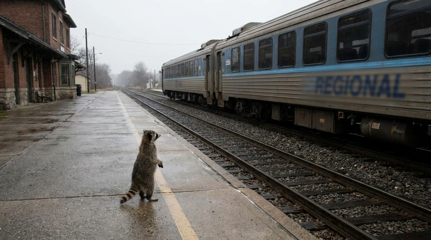 Gruppenticket Satire: Waschbär steht allein auf einem Bahnsteig vor einem kurzen Regionalzug