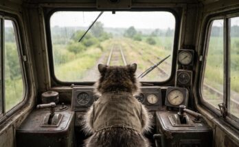 Waschbär steht in einem Führerstand und blickt auf eine leere Strecke