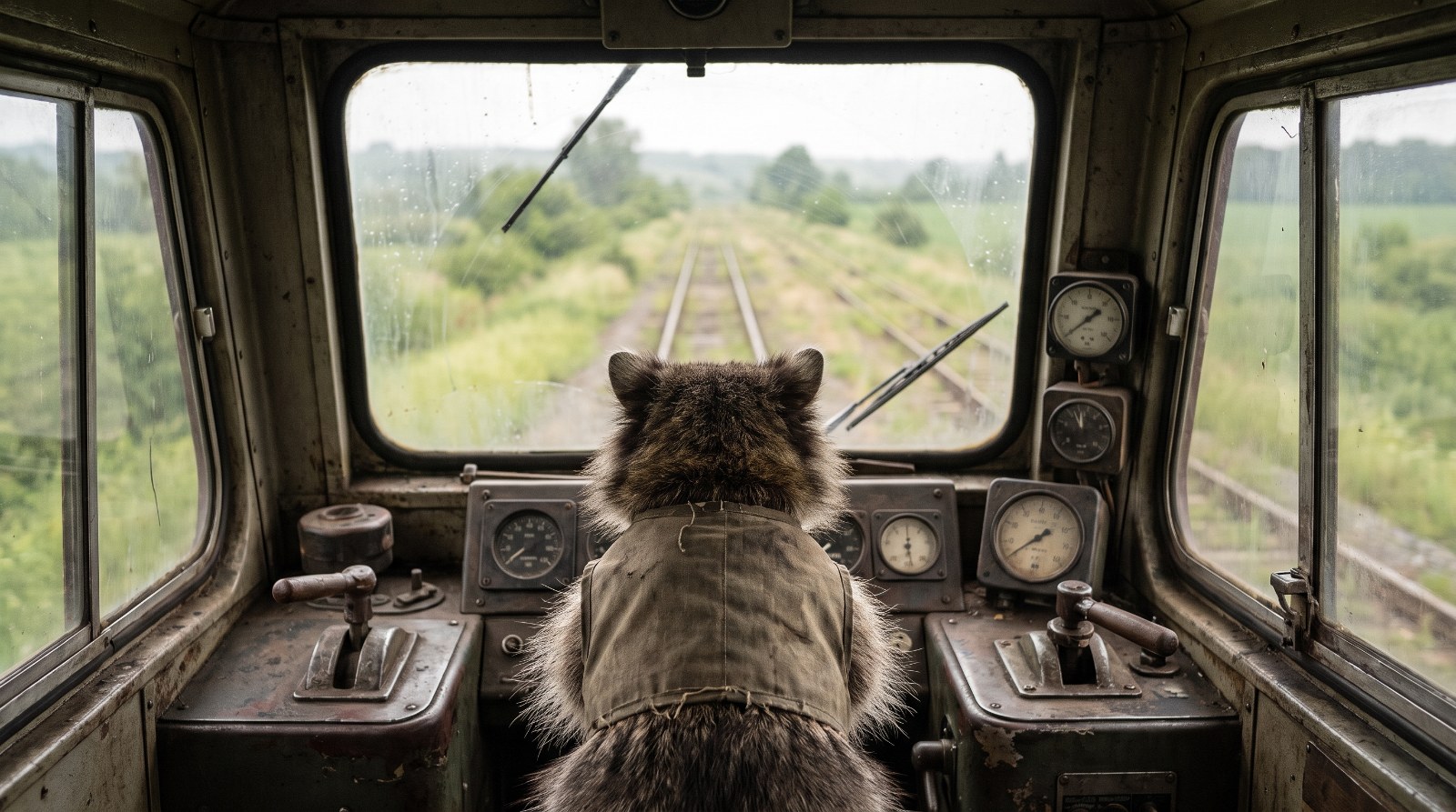 Waschbär steht in einem Führerstand und blickt auf eine leere Strecke