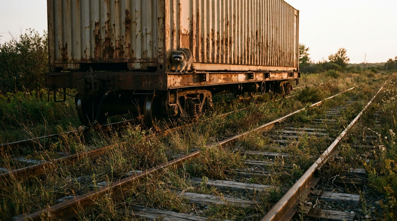 Güterverkehr Satire: Waschbär sitzt auf einem Containerwaggon auf einem Abstellgleis im Abendlicht