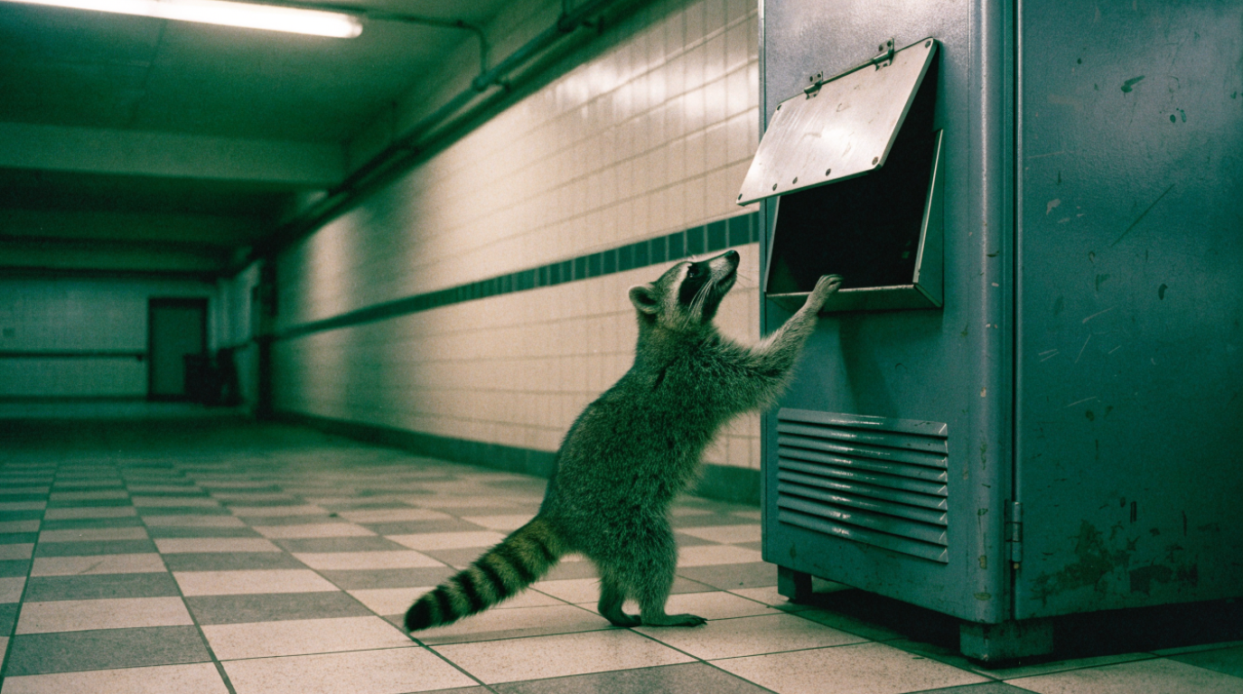 Guthaben Erstattung Satire: Waschbär greift in die offene Münzrückgabe eines Automaten in einer Bahnhofsunterführung