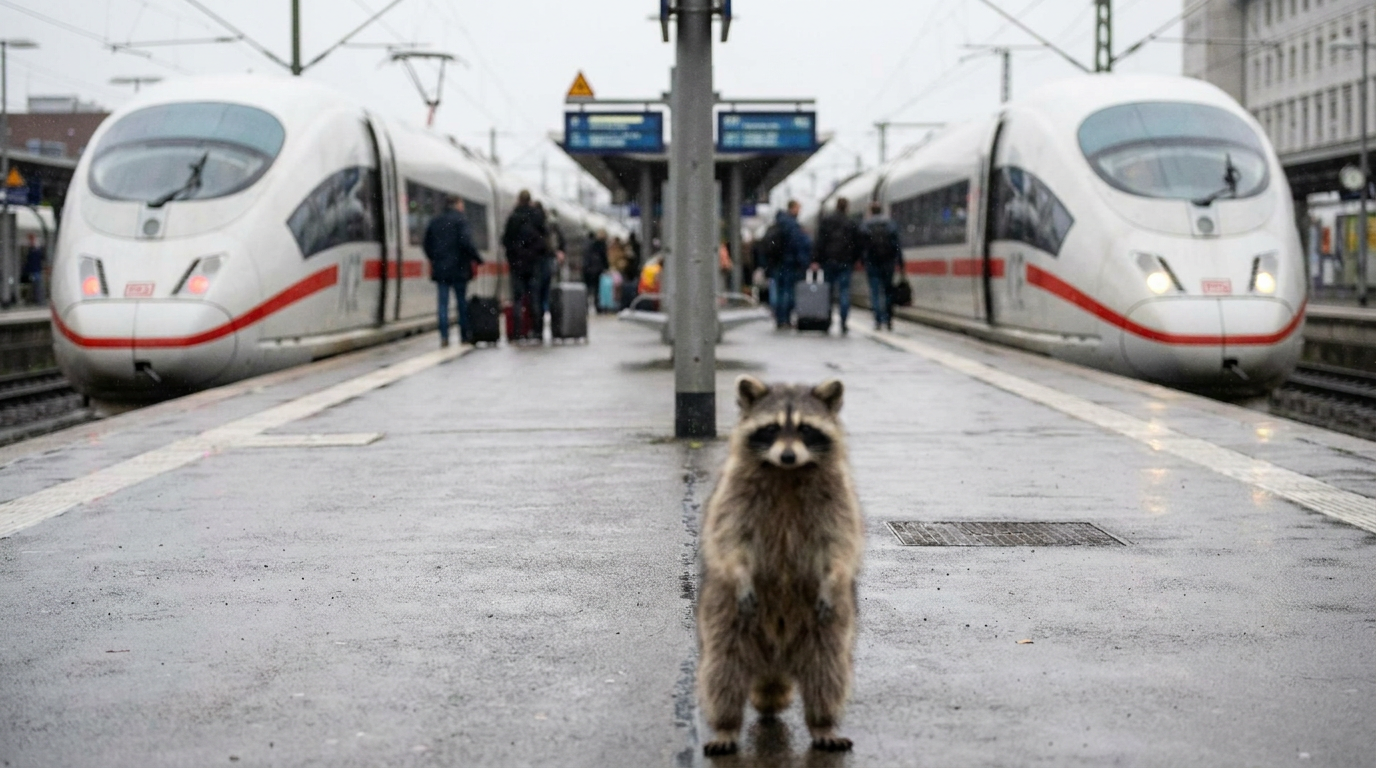 Halbstundentakt Satire: Waschbär steht auf einem Bahnsteig neben zwei nebeneinander wartenden Zügen