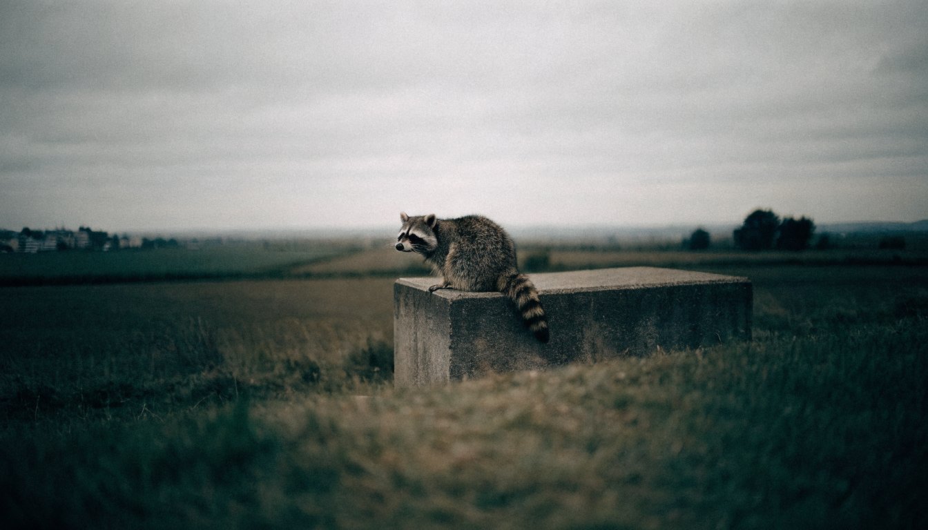 Haltepunkt Standort Satire: Waschbär sitzt auf einem einzelnen Bahnsteig mitten in freier Feldflur, das Dorf am Horizont