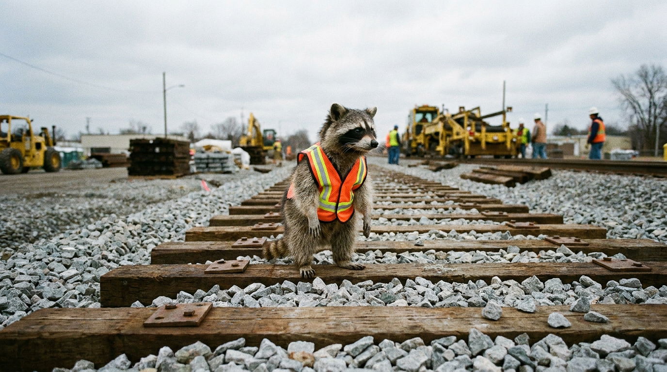 Hannover Minden Satire: Waschbär steht mit Warnweste auf einem frisch verlegten Gleis