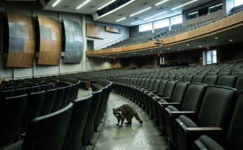 Haushalt Bundestag Satire: Waschbär steht in einem großen leeren Sitzungssaal zwischen Stuhlreihen