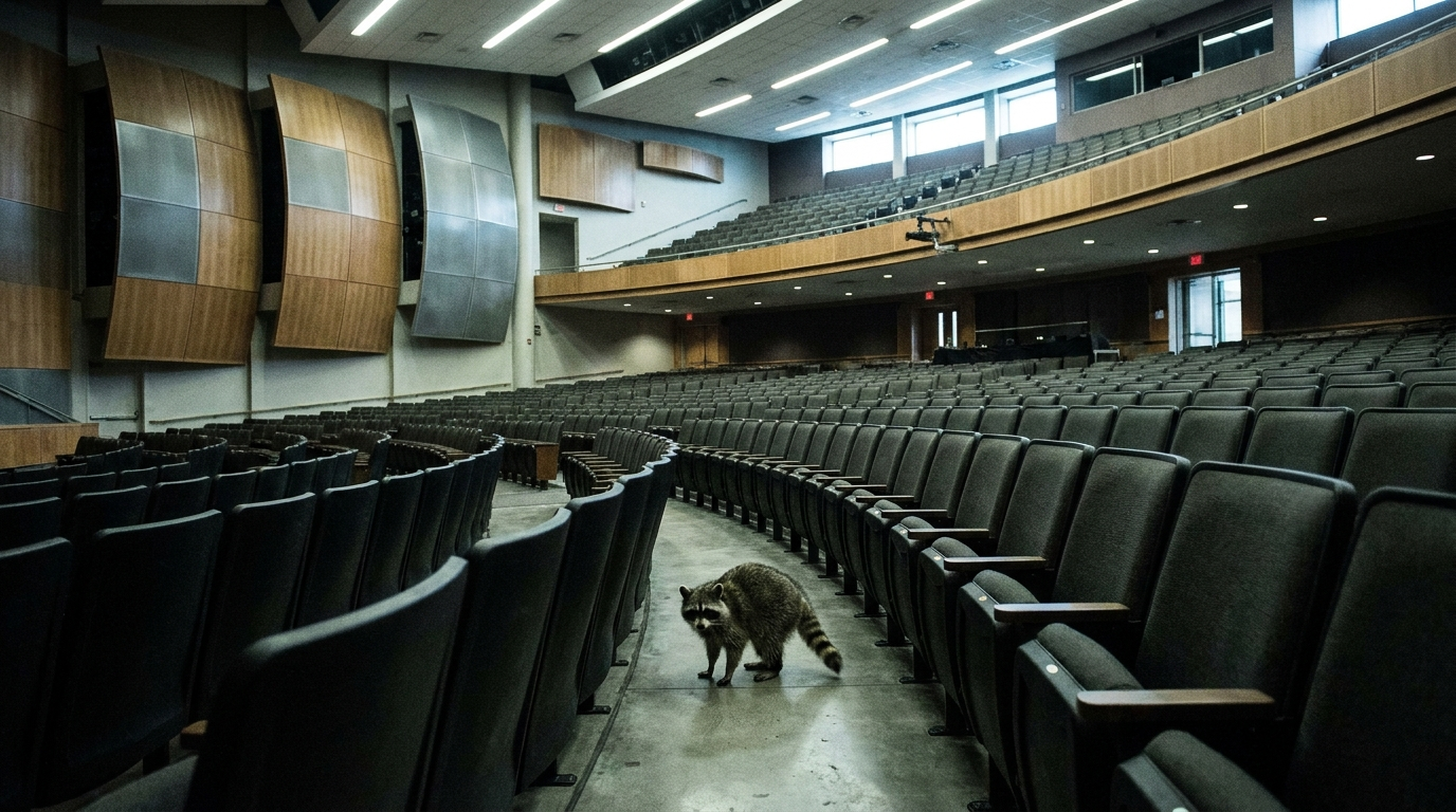 Haushalt Bundestag Satire: Waschbär steht in einem großen leeren Sitzungssaal zwischen Stuhlreihen