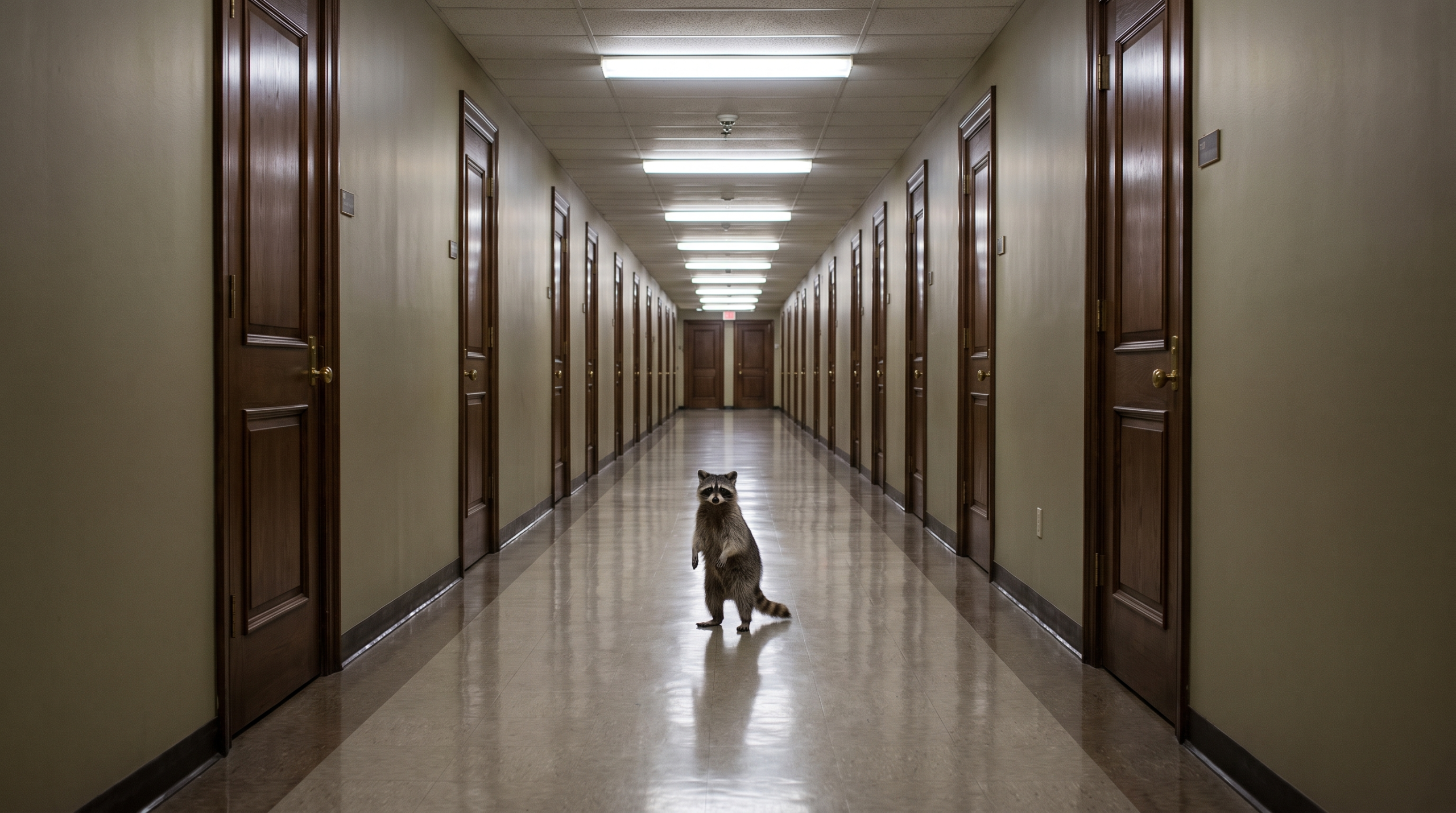 Haushalt Satire: Waschbär steht in einem Ministeriumsflur vor einer Reihe geschlossener Türen