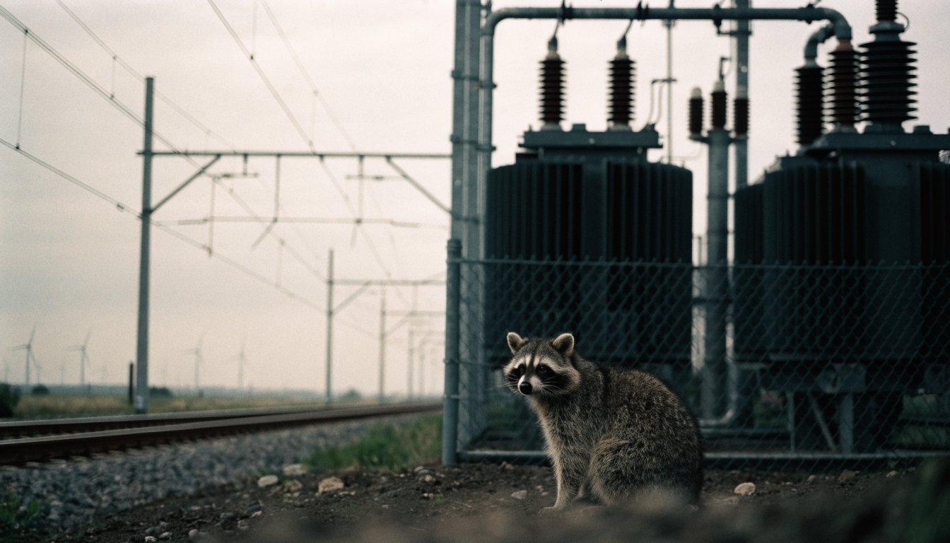 Herkunftsnachweise Ökostrom Satire: Waschbär sitzt vor einem Bahnstromunterwerk, weit entfernt am Horizont Windräder