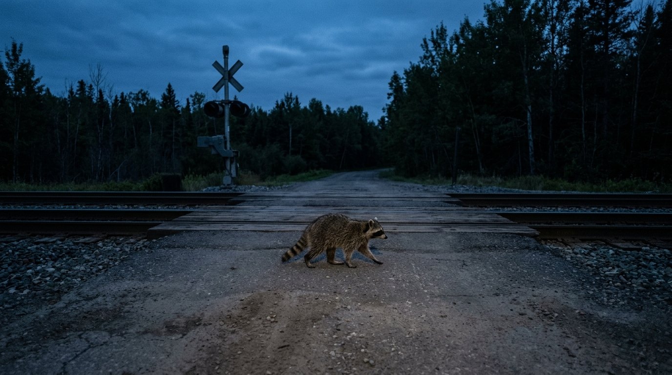 Notarzt Hilfsfrist Satire: Waschbär steht in der Dämmerung auf einer leeren Landstraße vor einem Bahnübergang