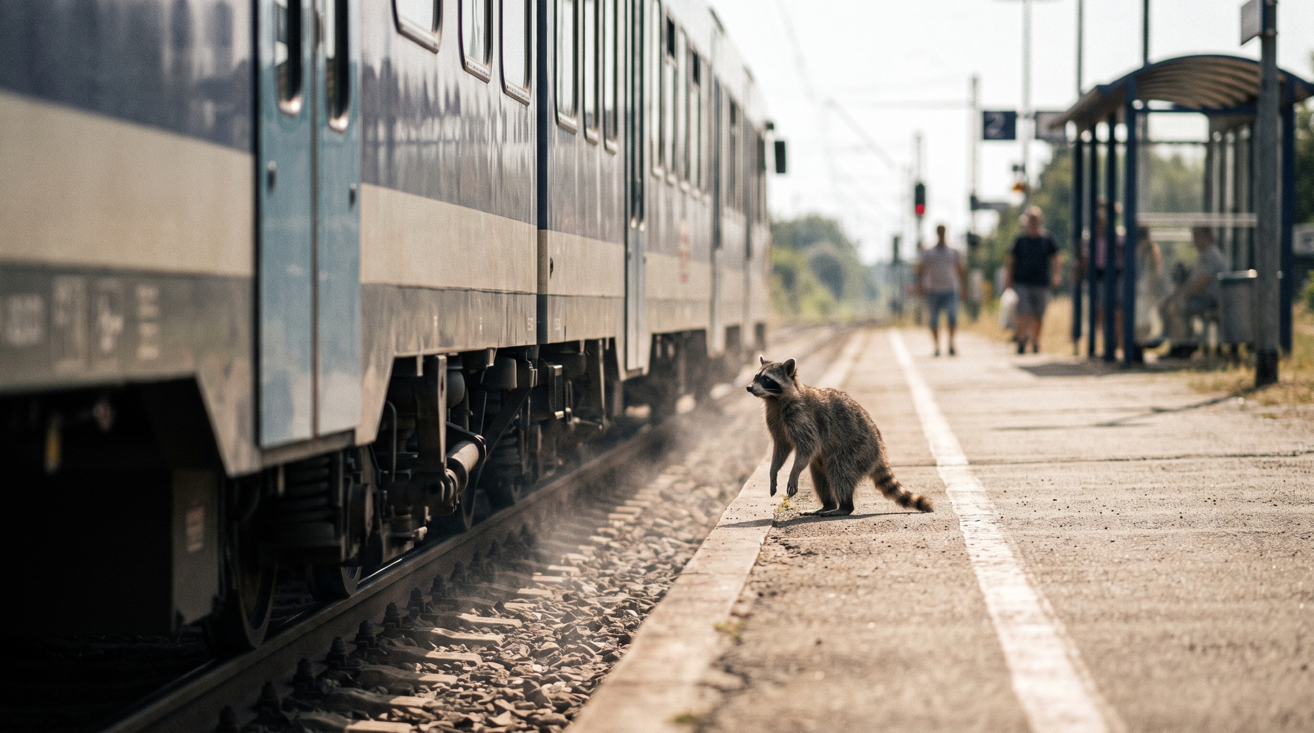 Hitze Satire: Waschbär steht neben einem Zug an einem Bahnsteig in flirrender Sommerhitze