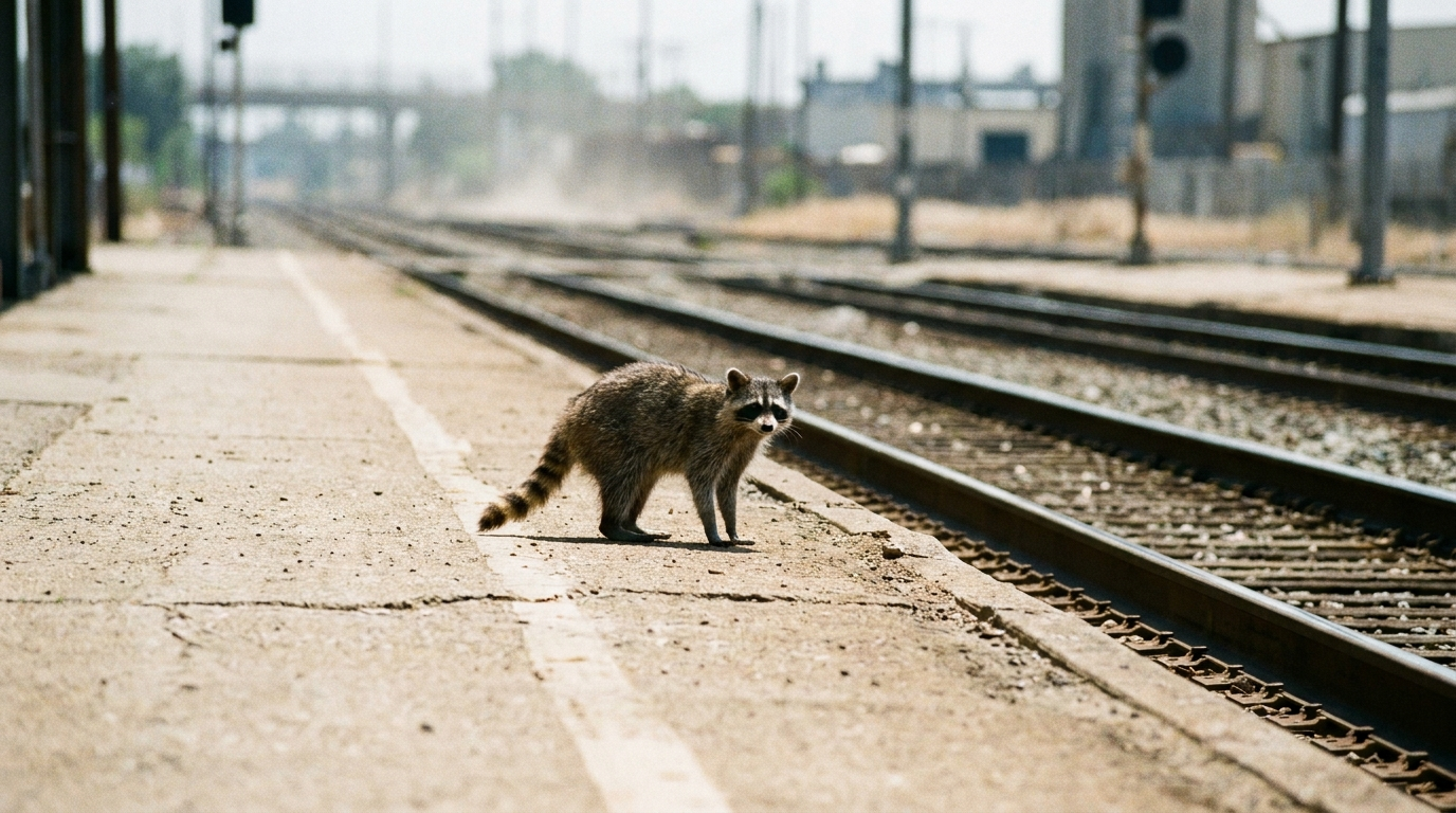 Hitze Gleise Satire: Waschbär steht bei greller Mittagssonne auf einem flimmernden Bahnsteig