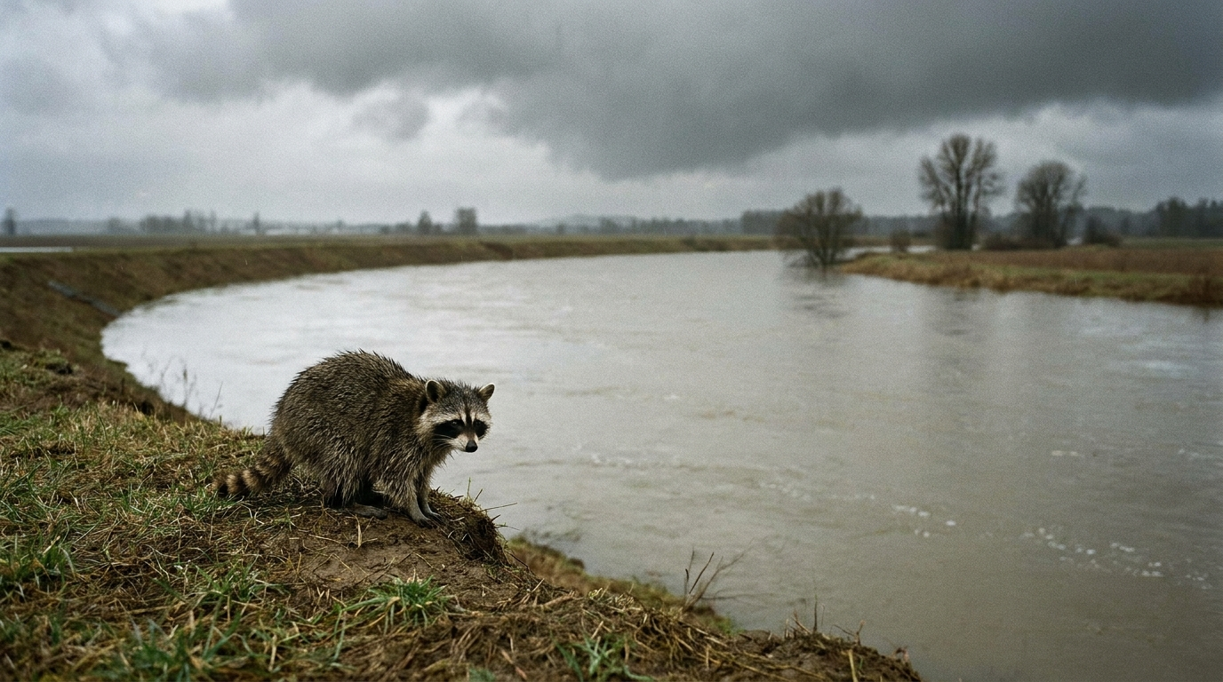 Hochwasserschutz Satire: Waschbär steht auf einem Deich an einem breiten Fluss bei grauem Wetter