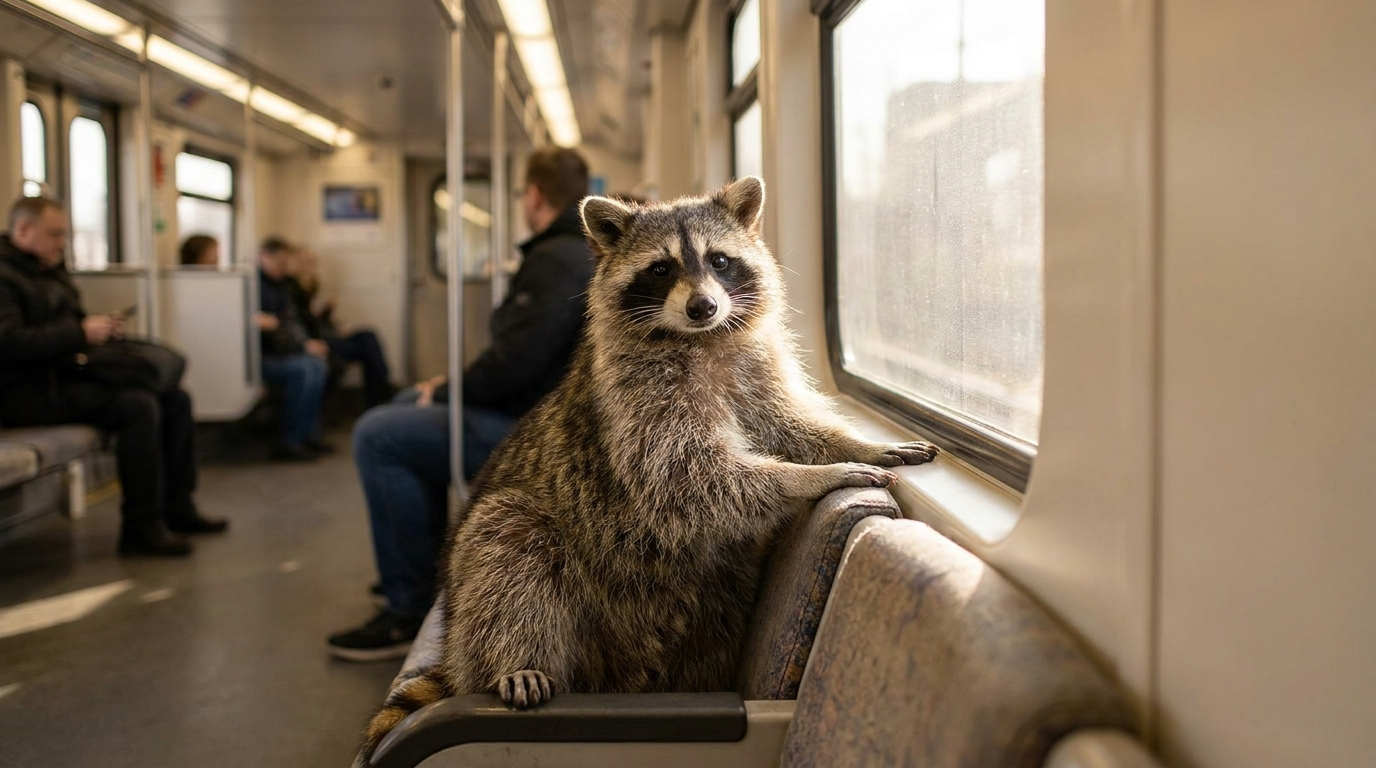 Hund Bahn Ticket Satire: Waschbär sitzt entspannt auf einem Zugsitz am Fenster