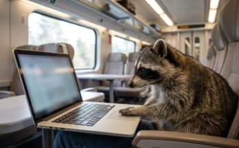 ICE WLAN Satire: Waschbär sitzt im Zug am Tisch vor einem Laptop
