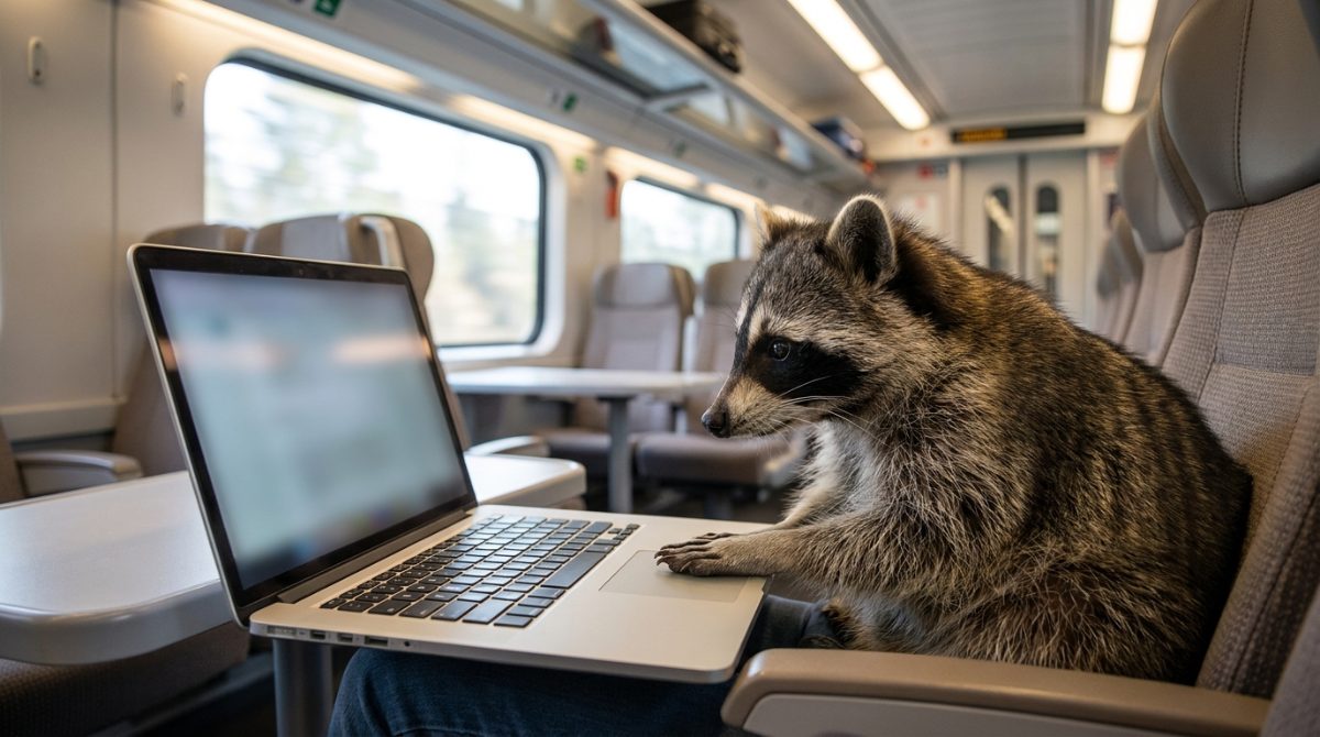 ICE WLAN Satire: Waschbär sitzt im Zug am Tisch vor einem Laptop