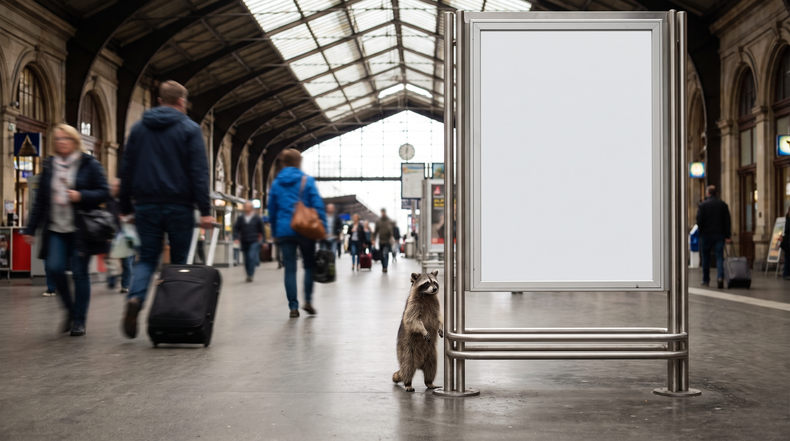 Imagekampagne Satire: Waschbär steht neben einem großen leeren Werbeplakat am Bahnhof