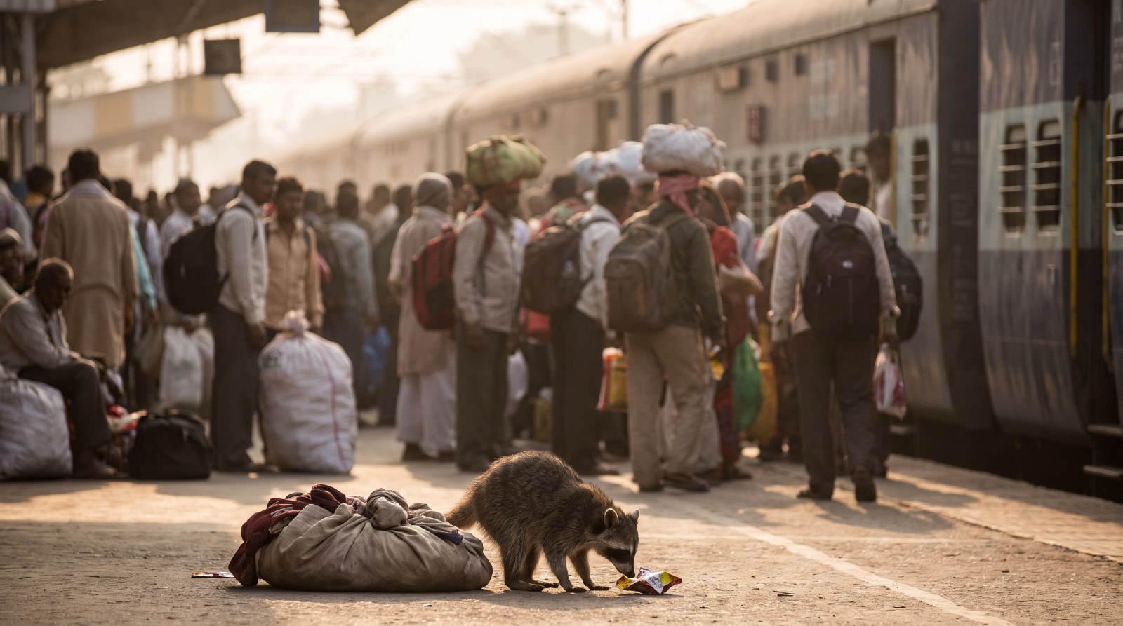 Waschbär steht auf einem sehr belebten Bahnsteig mit vielen wartenden Menschen