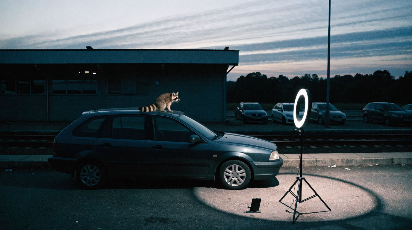 Influencer Kampagne Satire: Waschbär sitzt auf einem Autodach im Licht eines Ringlichts auf dem Bahnhofsparkplatz