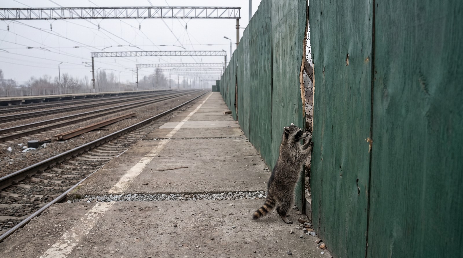 Waschbär steht auf einem Bahnsteig vor einem Bauzaun mit Blick auf ein Gleisfeld