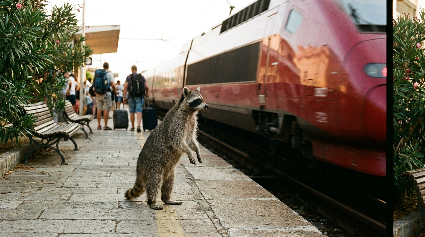 Italien Bahn Satire: Waschbär steht auf einem sonnigen Bahnsteig vor einem roten Schnellzug