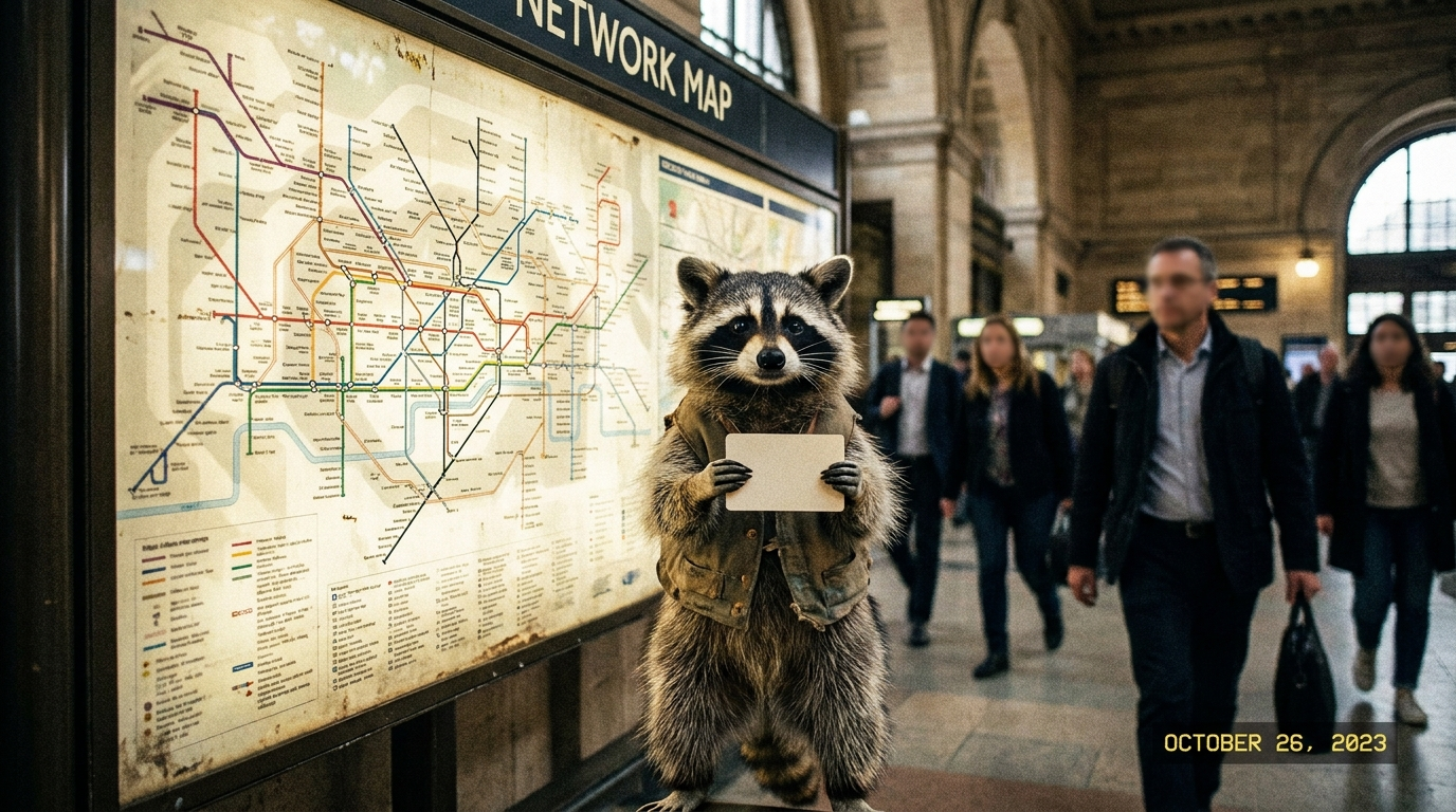 Jahreskarte Satire: Waschbär steht mit einer Karte in der Pfote vor einem Streckennetzplan