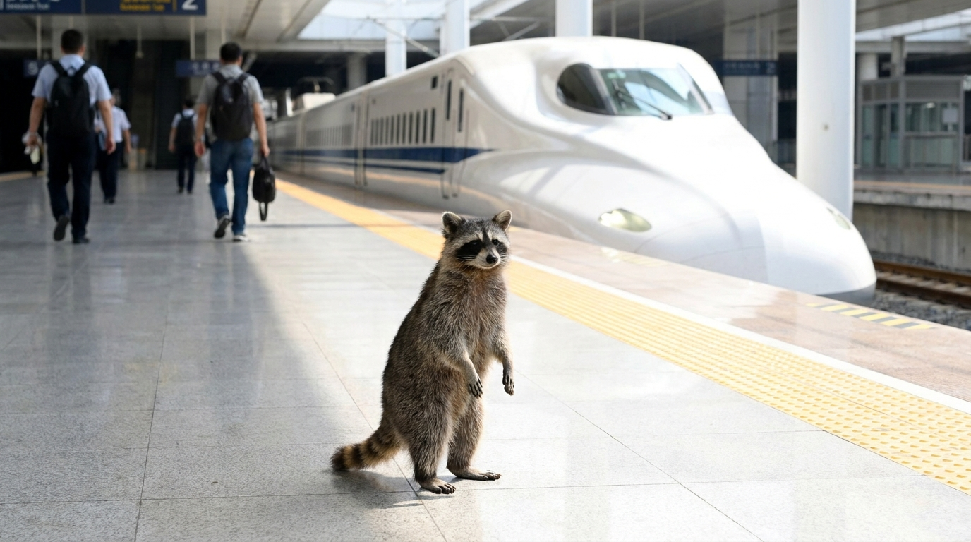 Japan Pünktlichkeit Satire: Waschbär steht auf einem sehr sauberen Bahnsteig vor einem weißen Schnellzug