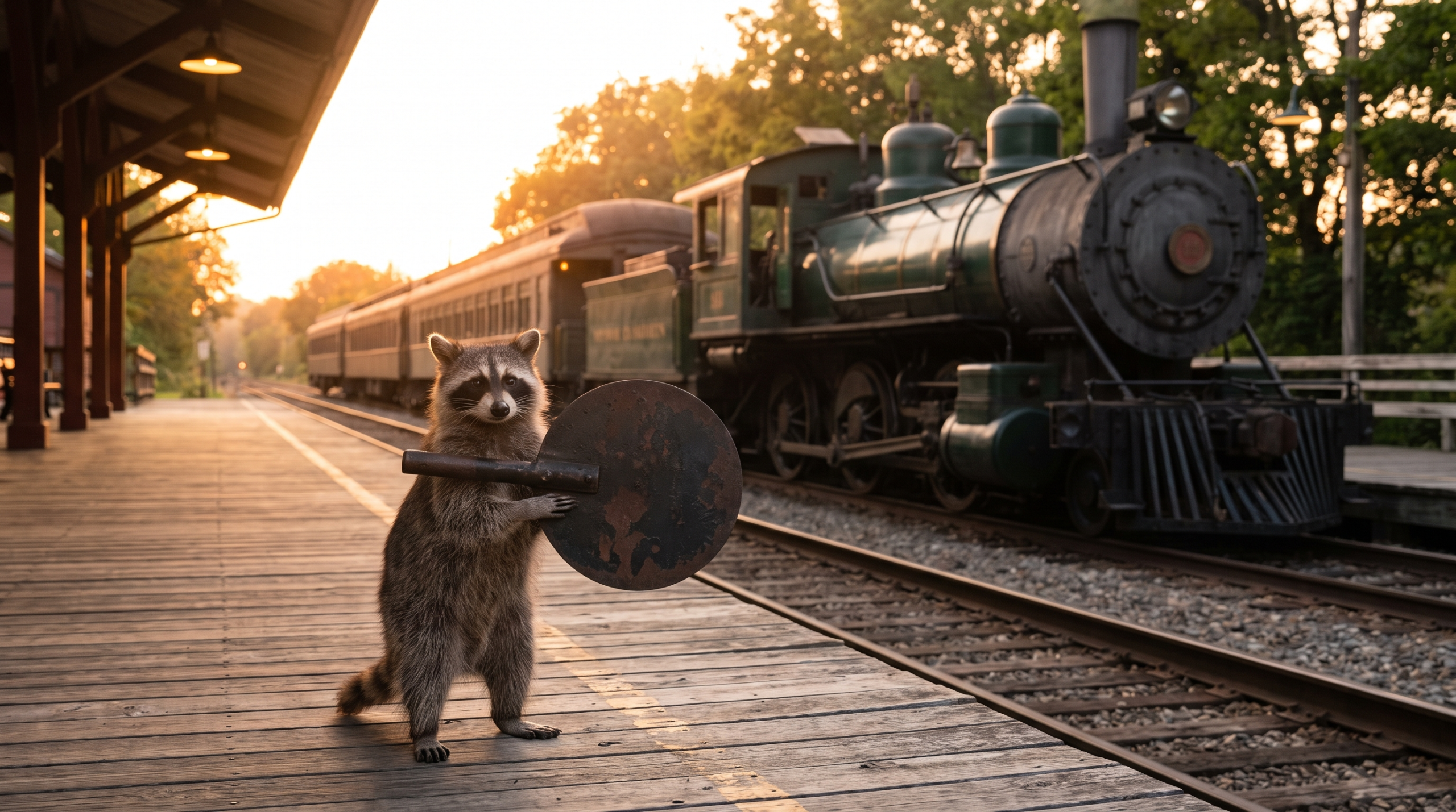 Jubiläum Satire: Waschbär steht mit einer Kelle auf einem Bahnsteig vor einem Zug