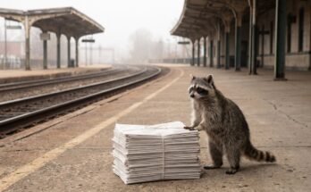 Waschbär steht mit einem kleinen Stapel Zeitungen auf einem Bahnsteig