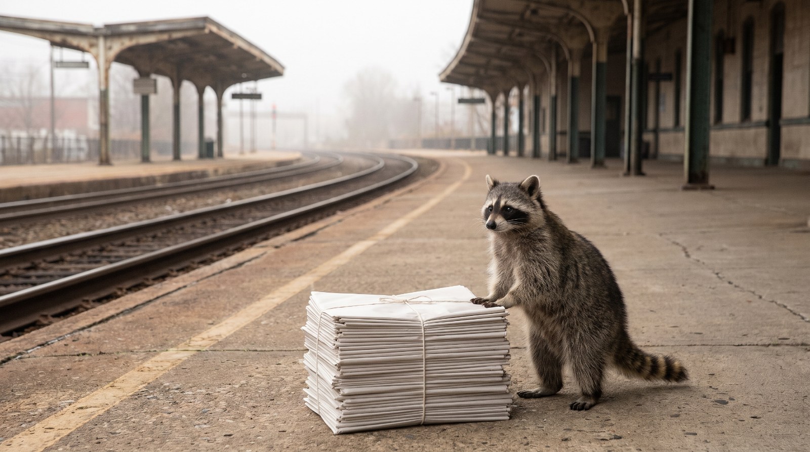Waschbär steht mit einem kleinen Stapel Zeitungen auf einem Bahnsteig