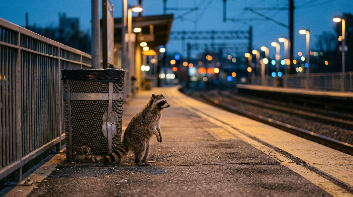 Jubiläum Satire: Waschbär steht abends auf einem Bahnsteig neben einem Mülleimer, im Hintergrund Lichter