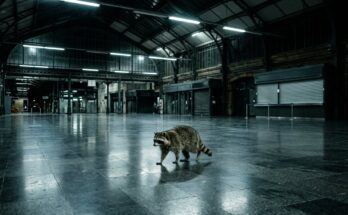 Waschbär steht nachts allein in einer leeren Bahnhofshalle ohne Bänke