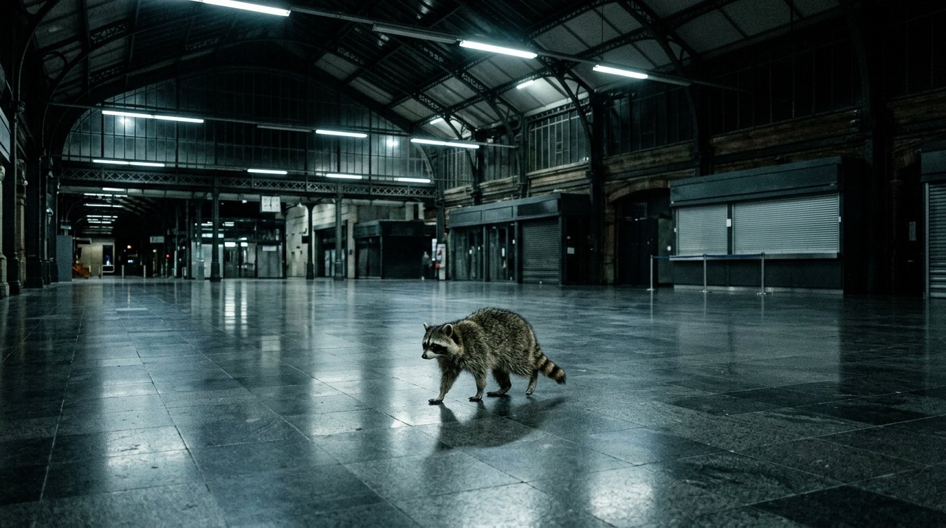 Kältehilfe Bahnhof Satire: Waschbär steht nachts allein in einer leeren Bahnhofshalle ohne Bänke