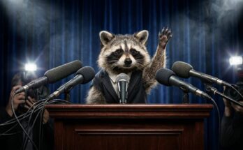 Waschbär Kanzlerkandidat: Waschbär steht mit erhobener Pfote hinter einem Rednerpult mit Mikrofonen