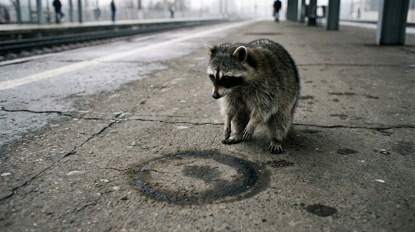 Kaugummi Satire: Waschbär steht auf einem Bahnsteig und betrachtet einen Fleck auf dem Boden