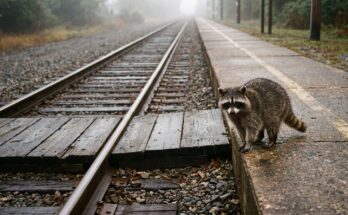 Waschbär steht auf einem Bahnsteig und blickt eine leere Strecke entlang
