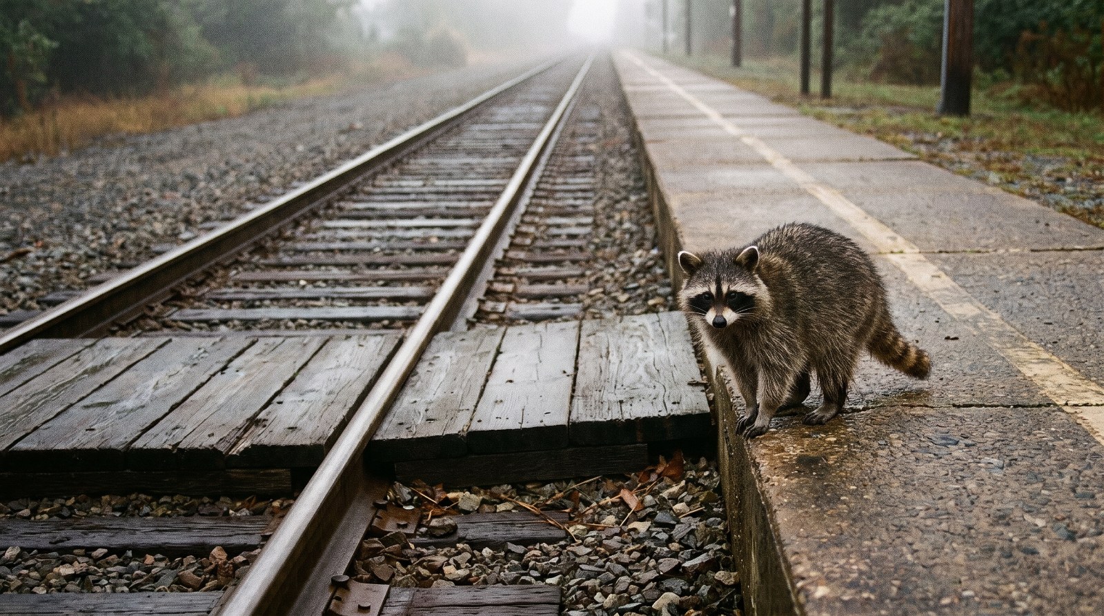 Waschbär steht auf einem Bahnsteig und blickt eine leere Strecke entlang