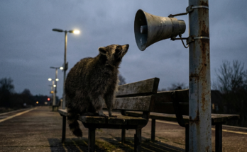 KI Bahnhofsdurchsage Satire: Waschbär sitzt auf einer Bahnsteigbank und schaut zu einem Lautsprecher am Mast hinauf