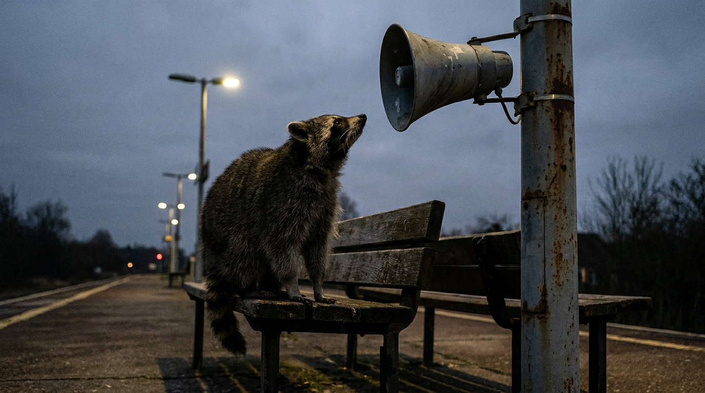 KI Bahnhofsdurchsage Satire: Waschbär sitzt auf einer Bahnsteigbank und schaut zu einem Lautsprecher am Mast hinauf